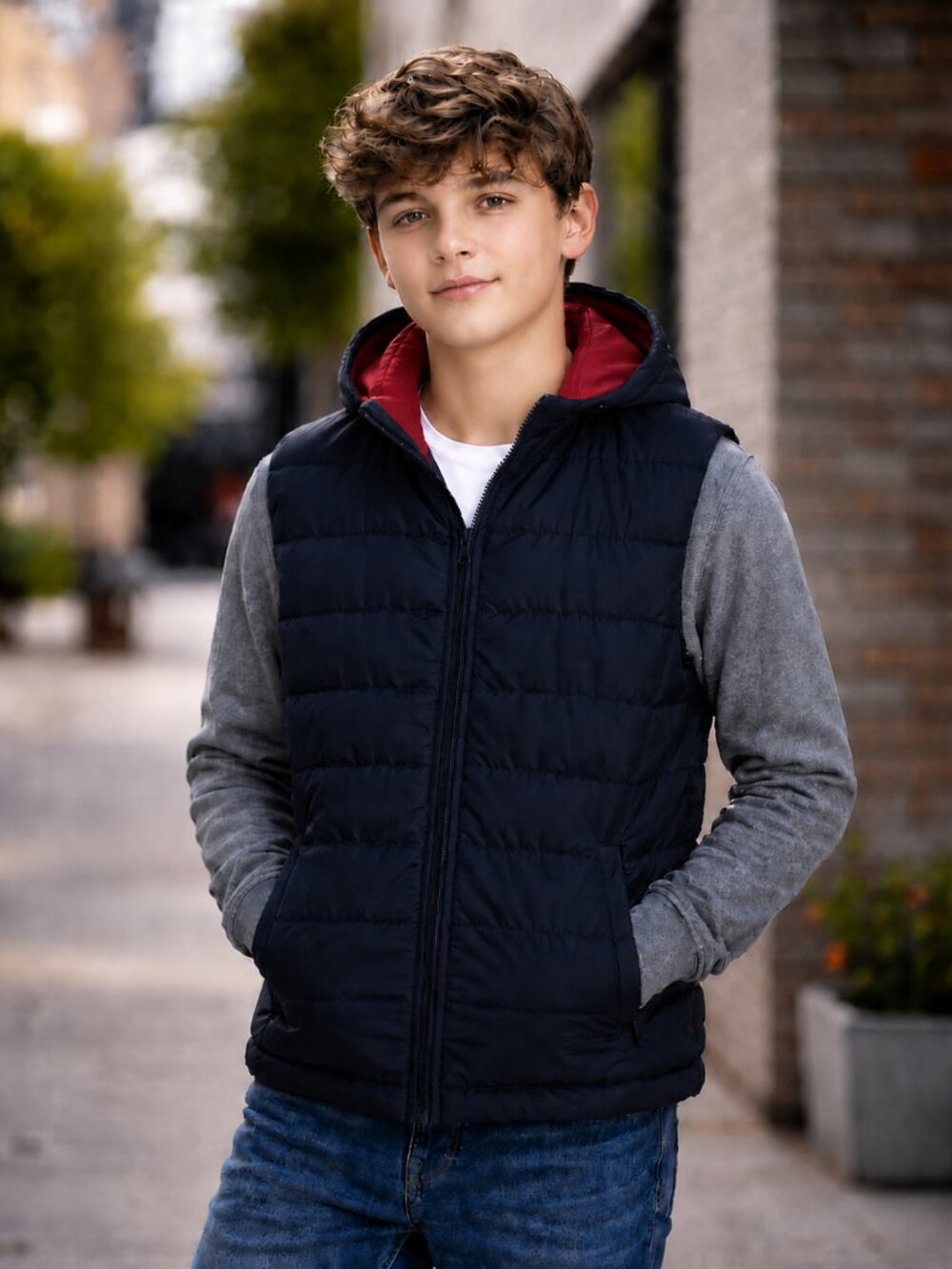 DIP Hooded Puffer Vest Youth XL Navy Blue Red Lining Full Zip Lightweight